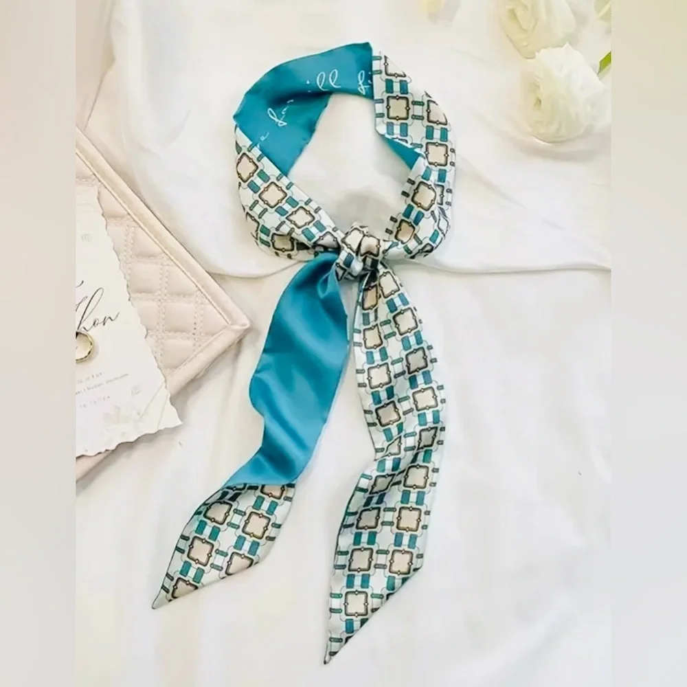 Chic Blue Geometric Print Long Scarf – Versatile Silk-Inspired Accessory
